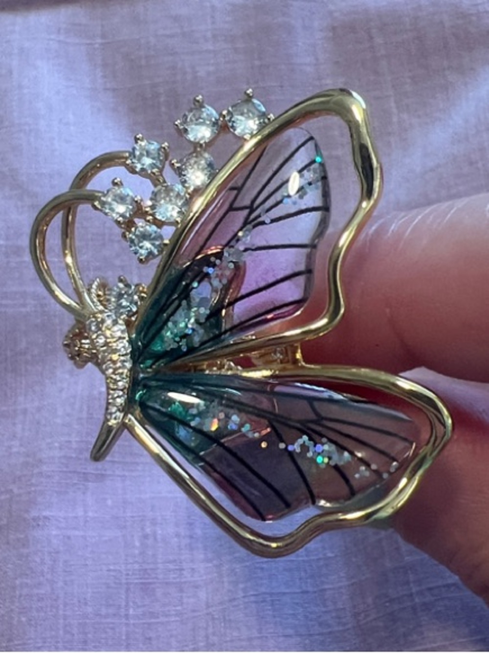 Gold-Tone Butterfly Ring with Pink and Teal Enamel Wings